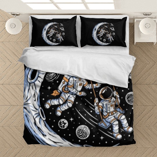 Astronauts on swing on moon Bedding Sets