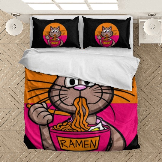 Colorful Ramen Cat Orange and Pink Bedding Sets