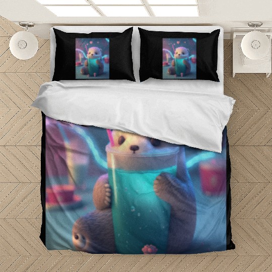 Kawaii Otter Pet Otter Drinking Boba Tea Bedding Sets