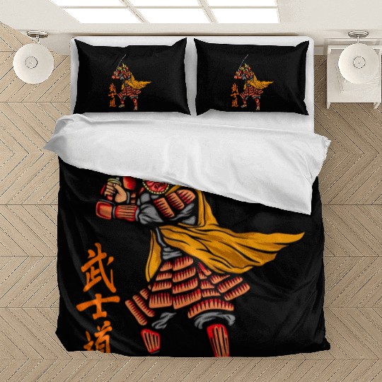 Japanese samurai warrior orange and yellow mask Bedding Sets