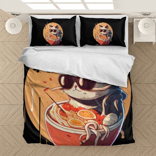 cat eating Chinese food,cute design for Meow lover Bedding Sets