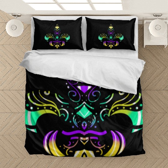 Purple, Green And Golden Patterned Fleur De Lis Bedding Sets