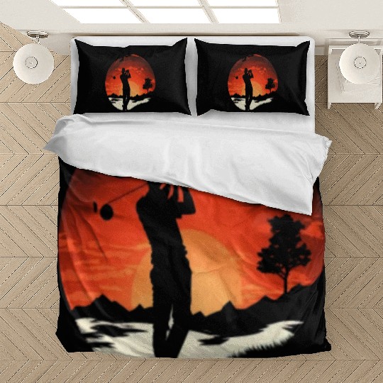 Golf Course Family Trip Cool Golfer In Sunset Bedding Sets