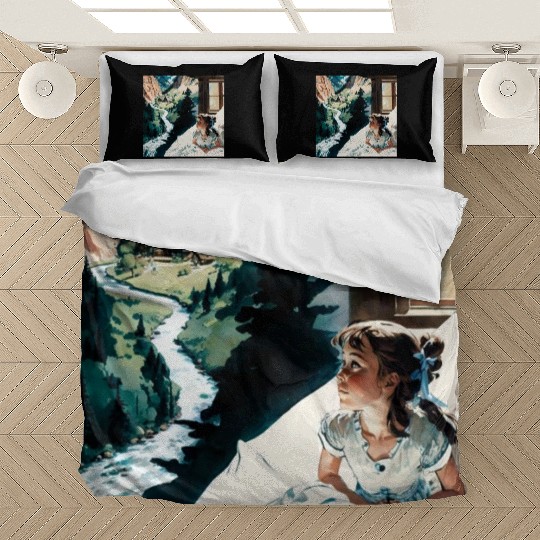 A painting girl sitting a bed looking out a windo Bedding Sets