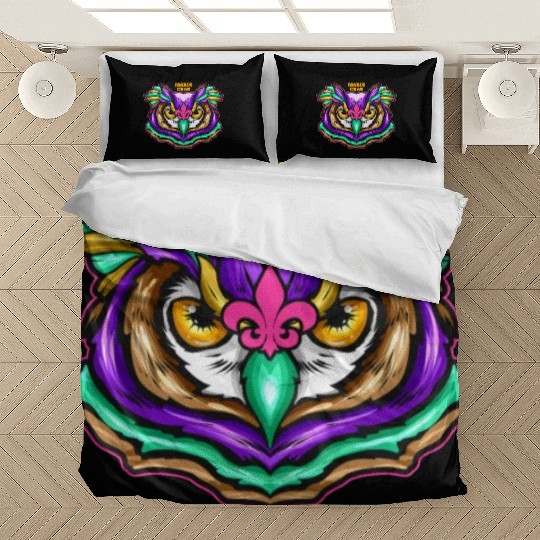 Purple Green Owl With Pink Fleur De Lis For Mardi Bedding Sets