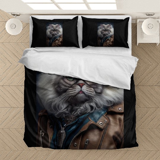 Persian Cat Breed Portrait wears a leather jacket Bedding Sets