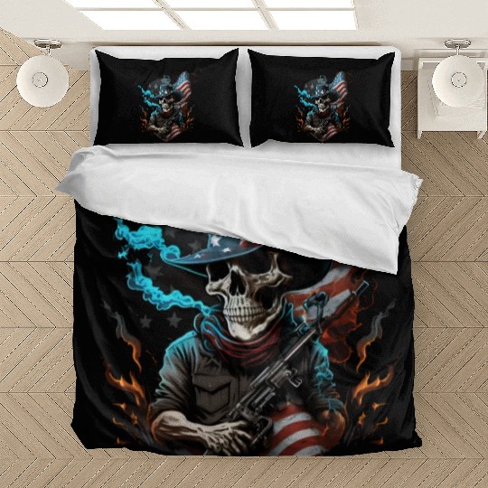 Skeleton with a gun, American flag Bedding Sets