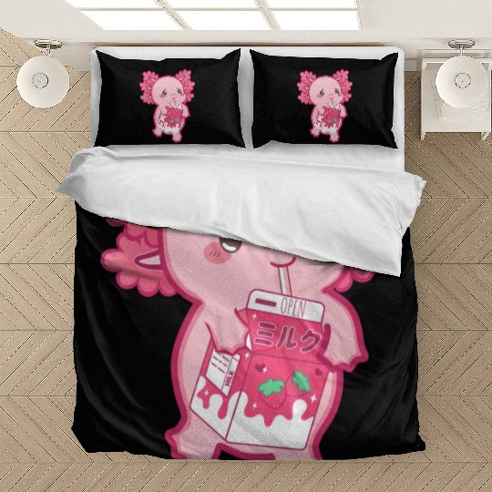 Kawaii Axolotl Strawberry Milk Teen Girl Kids Japa Bedding Sets