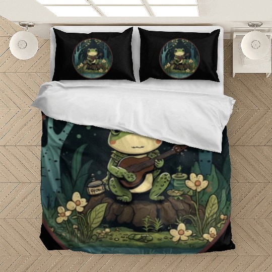 Kawaii Frog Guitar Cottagecore Aesthetic Bedding Sets