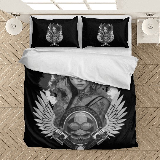 Biker Girl Skull Motorcycle Woman Rider Bedding Sets