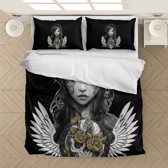 Gothic Girl Portrait Biker Babe Flower Skull Aesth Bedding Sets