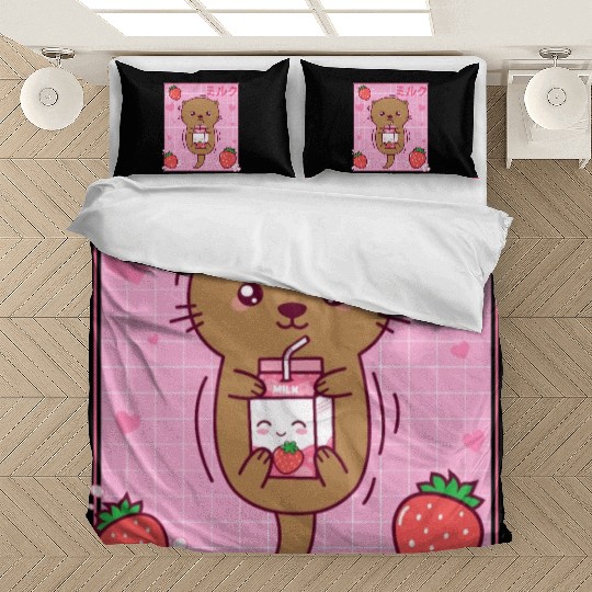 Kawaii Sea Otter Strawberry Milk Shake Otaku Bedding Sets