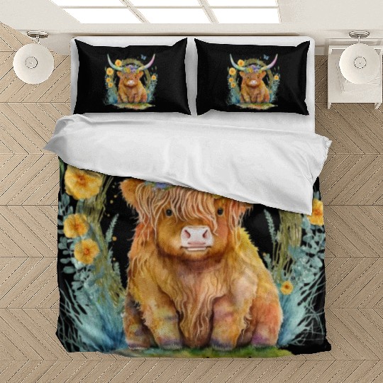 Highland Cow With Colorful Flowers Bedding Sets