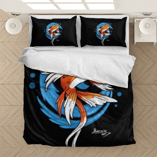 Carp Koi Fish on Blue waves green Bedding Sets