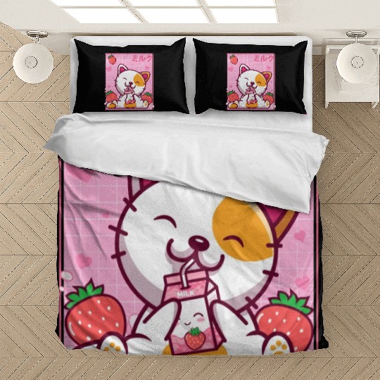 Kawaii Kitten Cute Cat Strawberry Milk Shake Bedding Sets
