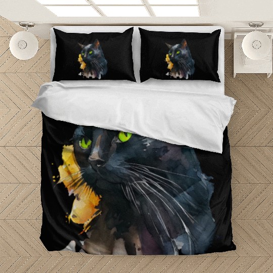 Black Cat Watercolor Portrait Bedding Sets