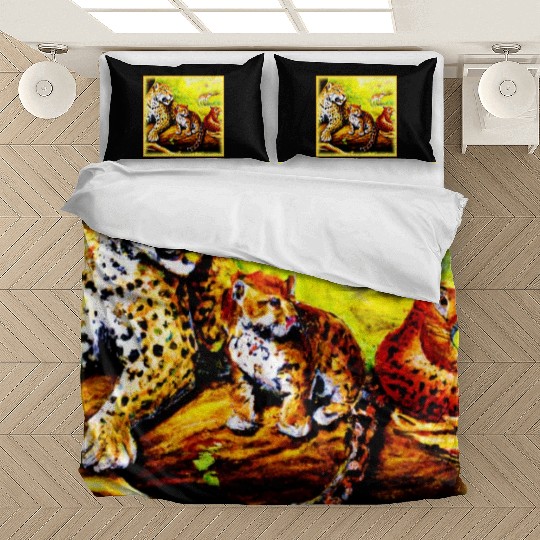 Jaguar Mom and Cubs Relaxing in Jungle. Buy Now Bedding Sets