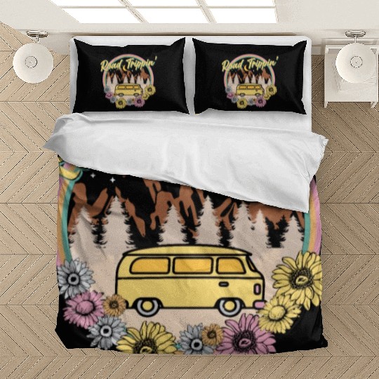 Retro Groovy Road Trip Bedding Sets with Van Flowers