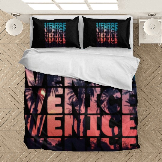 Venice Beach California Vacation Ocean Palm Tree Bedding Sets