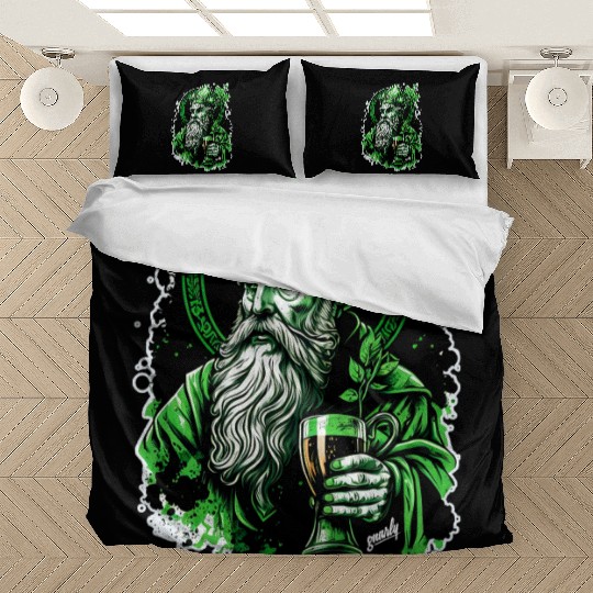 Funny Drunk Saint Patrick drinking beer by gnarly Bedding Sets