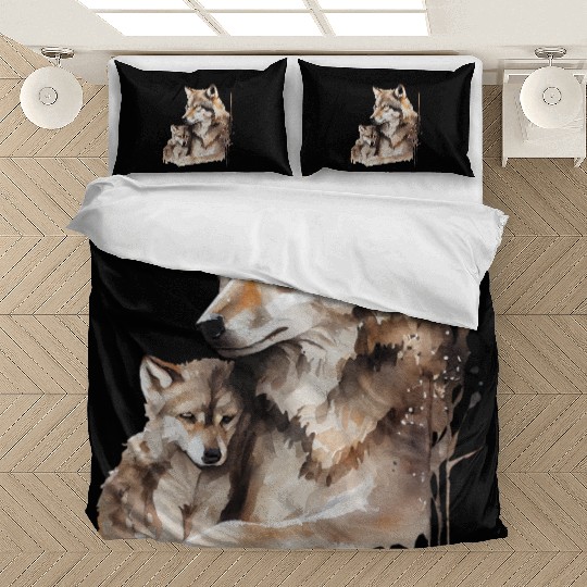 Mother Wolf with Baby Watercolor Bedding Sets