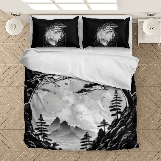 Japanese Mountain Landscape Gothic Full Moon Fores Bedding Sets