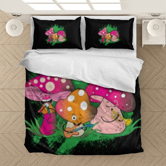 three mushrooms plating music in a forest - botany Bedding Sets