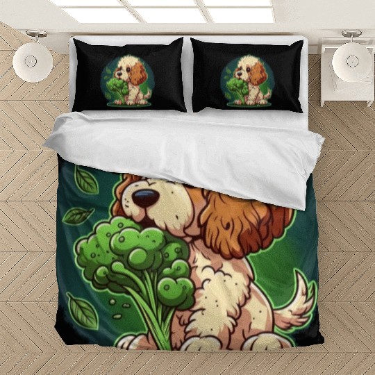 Cute dog eats green broccoli vegetables Bedding Sets