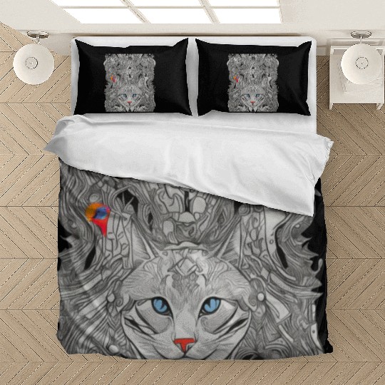 Psychedelic cat with bird Bedding Sets