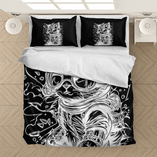 Little Cool Space Cat Splash Tattoo Style Bedding Sets