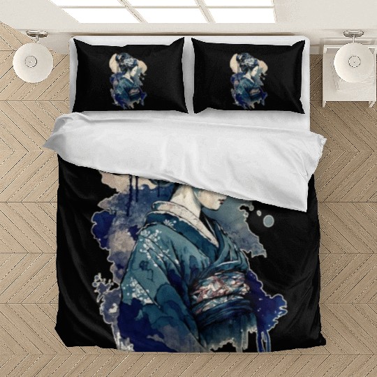 Geisha Watercolor Sea Waves Asian Art Woman Bedding Sets