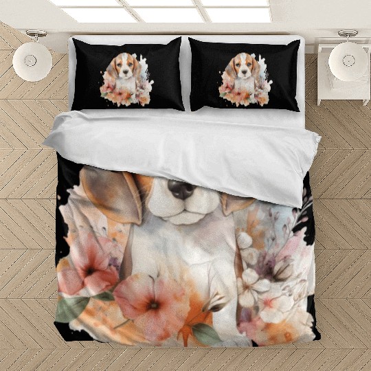 Beagle Puppy Dog Watercolor Floral Bedding Sets