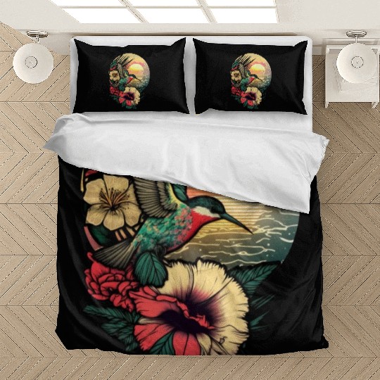 Hummingbird flies over hibiscus flower Tropical Bedding Sets