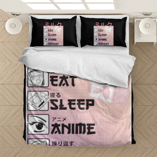 Eat Sleep Anime Repeat Straweberry Milk Japanese Bedding Sets
