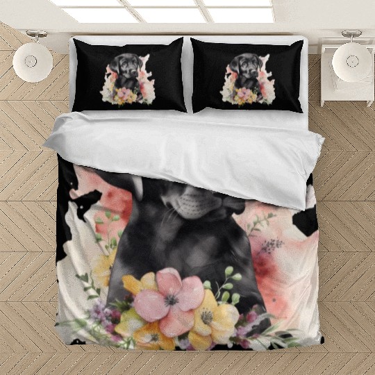 Black Lab Dog Watercolor Floral Bedding Sets