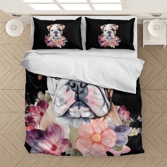 Bulldog Watercolor Floral Bedding Sets
