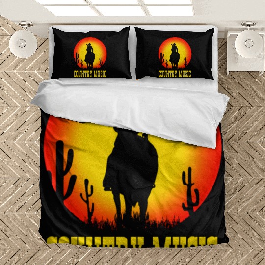 country music cowboy on horse with guitar - sunset Bedding Sets