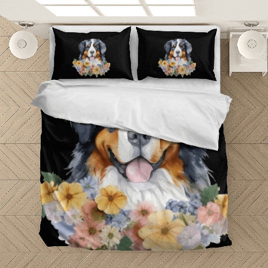 Bernese Mountain Dog Watercolor Floral Bedding Sets