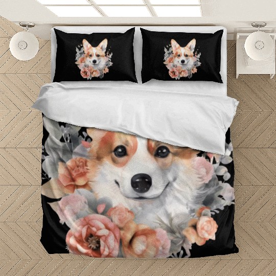 Corgi Dog Watercolor Floral Bedding Sets