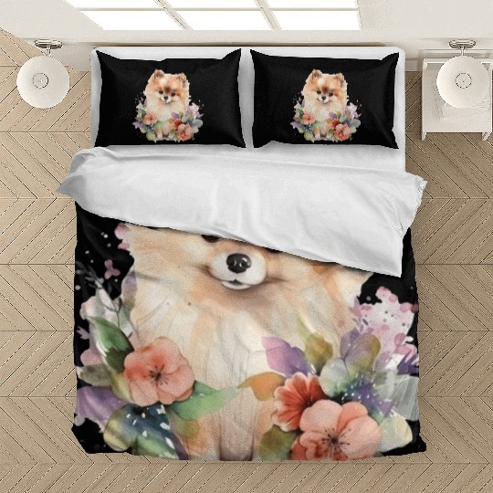 Pomeranian Dog Watercolor Floral Bedding Sets