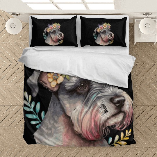 Cute Miniature Schnauzer Flower Crown Pet Dog Flor Bedding Sets