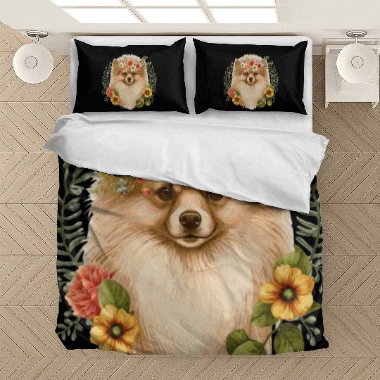 Cute Pomeranian Pom Flower Crown Pet Dog Breed Flo Bedding Sets