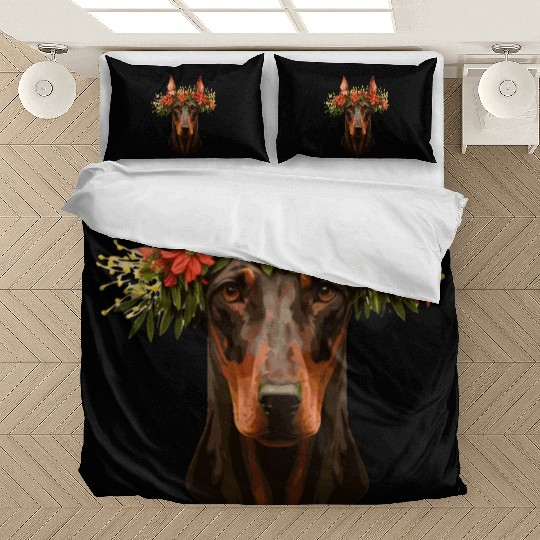 Cute Dobermann Flower Crown Pet Dog Breed Floral P Bedding Sets