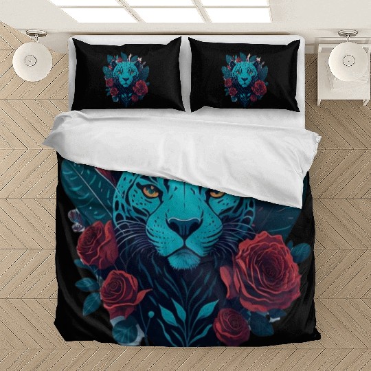 cute jaguar with red flowers Bedding Sets