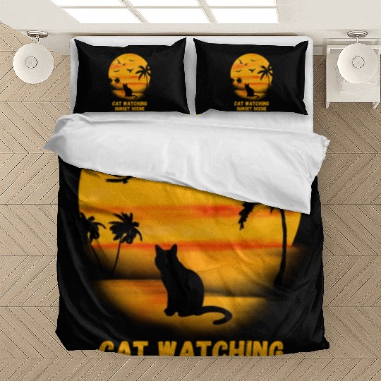 Cat watching sunset scene - Cat Lover Bedding Sets