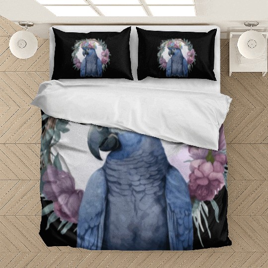 Watercolor Hyacinth Macaw Parrot Bird Flower Crown Bedding Sets