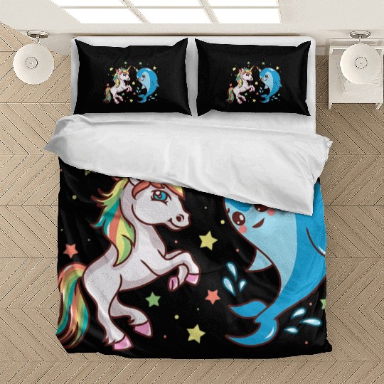 Cute Funny Horned Narwhal And Unicorn Friends Bedding Sets