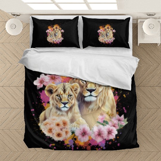 Lion Mom & Son Cubs with Flower Watercolor Bedding Sets