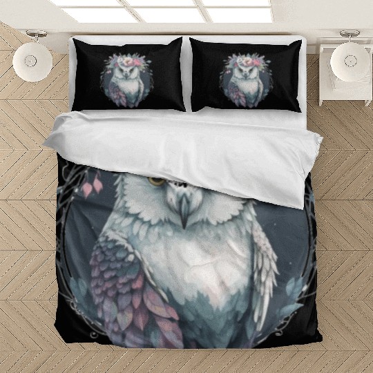 Cute Snow Owl Bird Flower Crown Floral Birds Bedding Sets