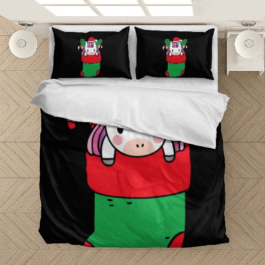 Cute Unicorn inside Christmas Sock with Candy Cane Bedding Sets